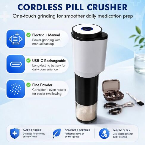 Pill Crusher Fine Powder,Portable Pill Crusher Grinder with Dual Electric/Manual Modes,Pill Grinder for Small & Large Pills to Fine Powder,Pill Crushers for Elderly,Kids,Pets for Medication,Vitamins in Saudi Arabia