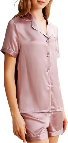 THXSILK Silk Pajamas Set for Women, 2 Pcs PJ Sets, Short Sleeve Nightwear Button Down, Pure 19 Momme Mulberry Silk in Saudi Arabia