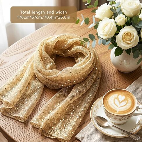 Gold Sheer Scarf Shawl for Women, Sequin Bandana Wrap Hijab, Summer Long Chiffon Shawls and Wraps for Evening Dresses in Saudi Arabia