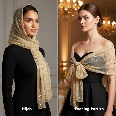 Gold Sheer Scarf Shawl for Women, Sequin Bandana Wrap Hijab, Summer Long Chiffon Shawls and Wraps for Evening Dresses in Saudi Arabia