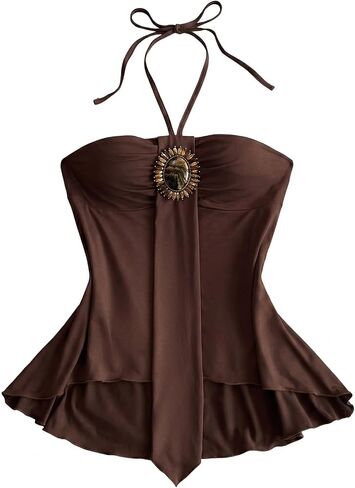 GORGLITTER Women's Beaded Halter Tops Flowy Backless Asymmetrical Tank Tops Trendy Boho Summer Vacation Country Outfits in Kuwait