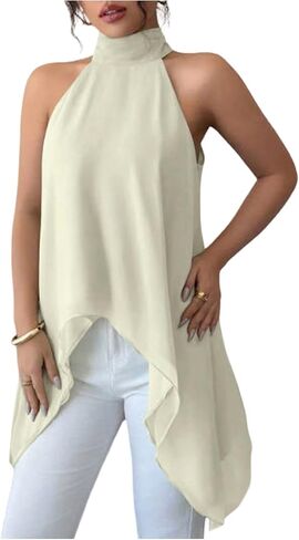 Verdusa Women's Chiffon Halter Tops Asymmetrical Hem Tie Back Blouse Layer Flowy Going Out Top in Saudi Arabia