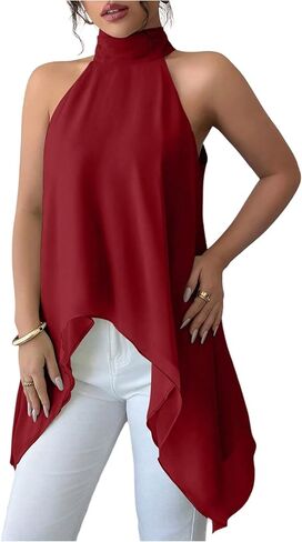 Verdusa Women's Chiffon Halter Tops Asymmetrical Hem Tie Back Blouse Layer Flowy Going Out Top in Kuwait
