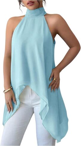 Verdusa Women's Chiffon Halter Tops Asymmetrical Hem Tie Back Blouse Layer Flowy Going Out Top in Kuwait