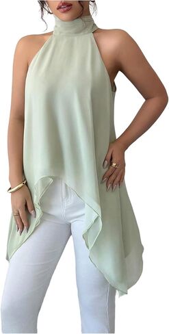 Verdusa Women's Chiffon Halter Tops Asymmetrical Hem Tie Back Blouse Layer Flowy Going Out Top in Kuwait