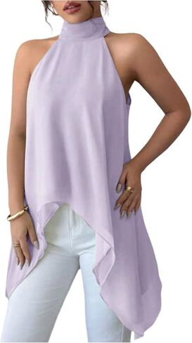 Verdusa Women's Chiffon Halter Tops Asymmetrical Hem Tie Back Blouse Layer Flowy Going Out Top in Kuwait