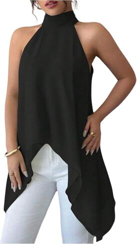 Verdusa Women's Chiffon Halter Tops Asymmetrical Hem Tie Back Blouse Layer Flowy Going Out Top in Kuwait