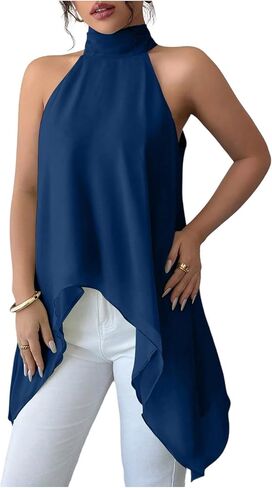 Verdusa Women's Chiffon Halter Tops Asymmetrical Hem Tie Back Blouse Layer Flowy Going Out Top in Kuwait