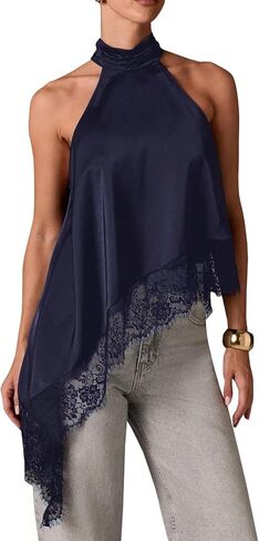 المرأة Y2K الرسن وهمية الرقبة تانك القمم غير المتكافئة الخروج القمم مفتوحة الظهر عارية الذراعين Flowy الحرير الساتان in Kuwait