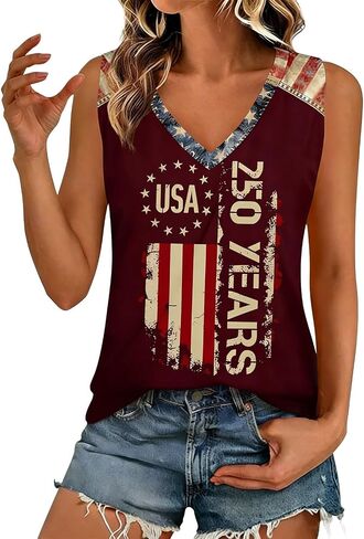 250 Anniversary USA Shirt Women V Neck Sleeveless Tank Top Patriotic Vest 250th Anniversary USA Flag Tee 1776-2026 in Kuwait
