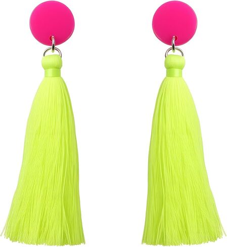 80s 90s Neon Tassel Dangle Earrings, Long Colorful Fringe Drop Earrings for Women, Retro Costume Jewelry for Party & Festival in Kuwait