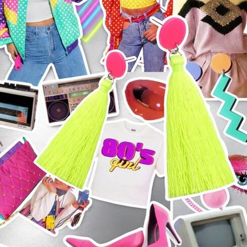 80s 90s Neon Tassel Dangle Earrings, Long Colorful Fringe Drop Earrings for Women, Retro Costume Jewelry for Party & Festival in Kuwait