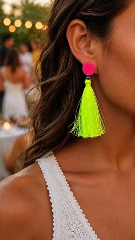 80s 90s Neon Tassel Dangle Earrings, Long Colorful Fringe Drop Earrings for Women, Retro Costume Jewelry for Party & Festival in Kuwait