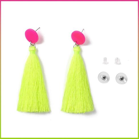 80s 90s Neon Tassel Dangle Earrings, Long Colorful Fringe Drop Earrings for Women, Retro Costume Jewelry for Party & Festival in Kuwait