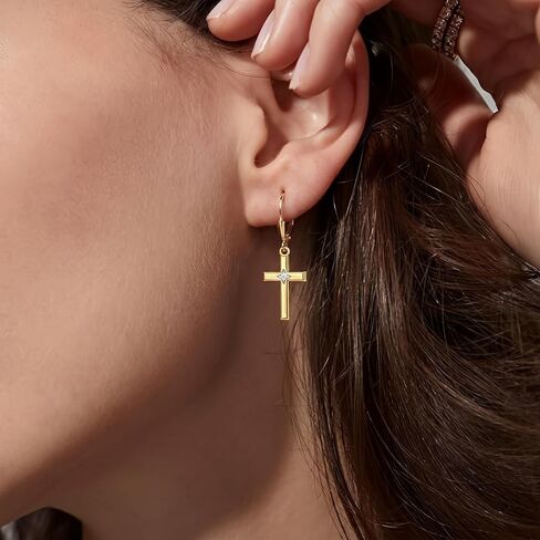 14K Gold Cross Earrings for Women D Color VVS1 Moissanite Dangle Drop Earrings Gold Leverback Earrings Minimalist Religion Jewelry Gift for Women in Saudi Arabia