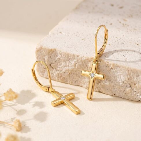 14K Gold Cross Earrings for Women D Color VVS1 Moissanite Dangle Drop Earrings Gold Leverback Earrings Minimalist Religion Jewelry Gift for Women in Saudi Arabia