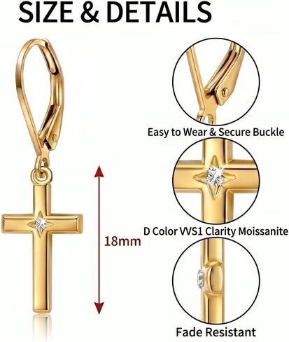 14K Gold Cross Earrings for Women D Color VVS1 Moissanite Dangle Drop Earrings Gold Leverback Earrings Minimalist Religion Jewelry Gift for Women in Saudi Arabia