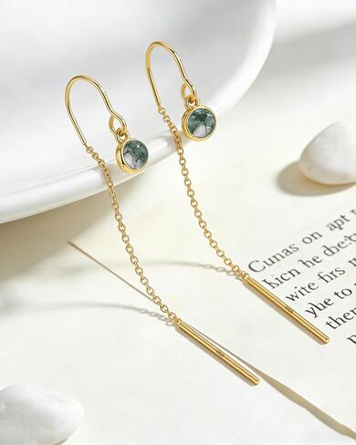 925 Sterling Silver Agate Threader Dangle Earrings for Women 14K Gold Plated Long Drop Earrings Trendy Hypoallergenic Dangly Chain Earrings in Saudi Arabia