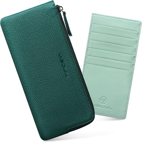 VISOUL Long Zipper Cash Wallet for Women with Removable Credit Card Holder Soft Genuine Pebbled Leather Contrast Color-Green and Light Green in Saudi Arabia