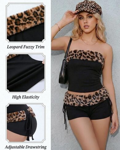 Women Y2k Set Sexy Leopard 2 Piece Going Out Rave Outfits Cheetah Tube Top Festival Concert Booty Micro Short Club Black X-Large in Saudi Arabia