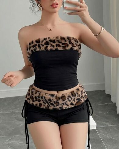 Women Y2k Set Sexy Leopard 2 Piece Going Out Rave Outfits Cheetah Tube Top Festival Concert Booty Micro Short Club Black X-Large in Saudi Arabia