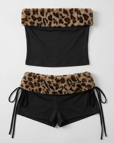 Women Y2k Set Sexy Leopard 2 Piece Going Out Rave Outfits Cheetah Tube Top Festival Concert Booty Micro Short Club Black X-Large in Saudi Arabia