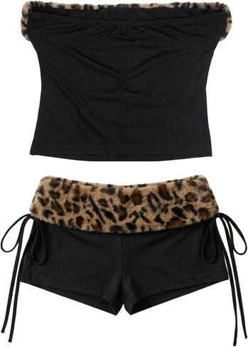 Women Y2k Set Sexy Leopard 2 Piece Going Out Rave Outfits Cheetah Tube Top Festival Concert Booty Micro Short Club Black X-Large in Saudi Arabia