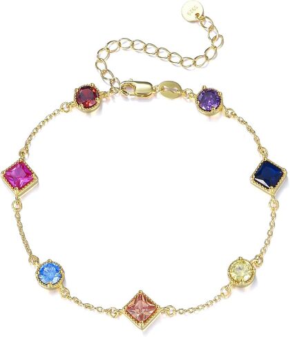 Birthstone Bracelet for Women, 925 Sterling Silver Plated 18k Gold Round/Square-Cut 5A Colored Cubic Zirconia Bracelet, Exquisite Jewelry Anniversary Birthday Gift for Wife Mother 7+2 " in Saudi Arabia