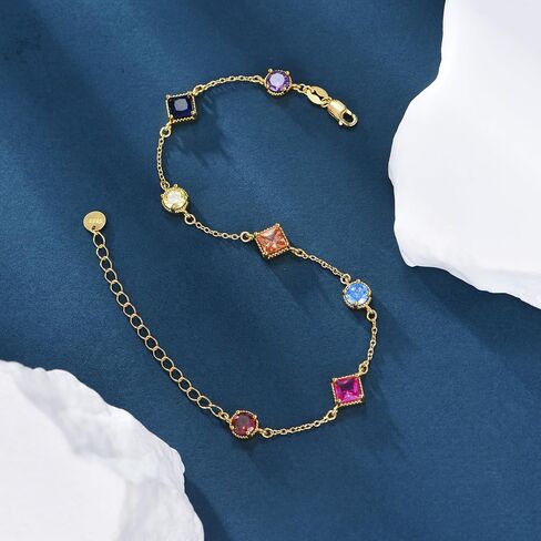 Birthstone Bracelet for Women, 925 Sterling Silver Plated 18k Gold Round/Square-Cut 5A Colored Cubic Zirconia Bracelet, Exquisite Jewelry Anniversary Birthday Gift for Wife Mother 7+2 " in Saudi Arabia