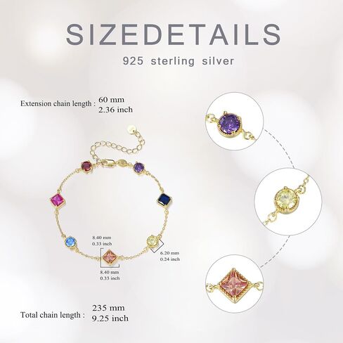 Birthstone Bracelet for Women, 925 Sterling Silver Plated 18k Gold Round/Square-Cut 5A Colored Cubic Zirconia Bracelet, Exquisite Jewelry Anniversary Birthday Gift for Wife Mother 7+2 " in Saudi Arabia