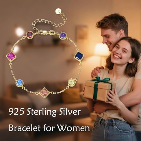 Birthstone Bracelet for Women, 925 Sterling Silver Plated 18k Gold Round/Square-Cut 5A Colored Cubic Zirconia Bracelet, Exquisite Jewelry Anniversary Birthday Gift for Wife Mother 7+2 " in Saudi Arabia
