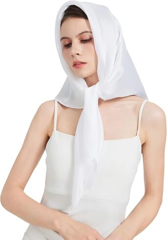 100% silk scarf for women-summer 35 inch square white mulberry silk head neck scarf for hair wrapping at night(FJ-White) in Kuwait