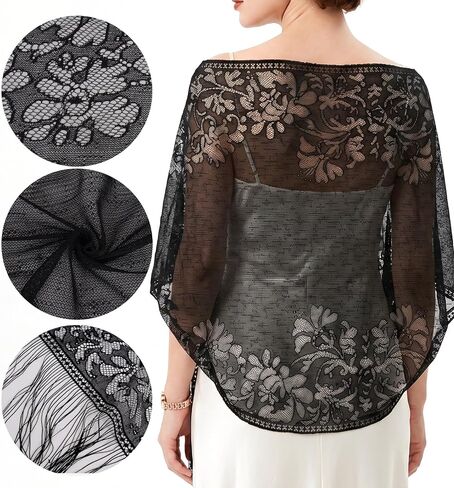 Sucrain Lace Floral Shawls and Wraps Elegant Soft Scarf Sheer Mesh Shawls Wraps for Women Evening Dresses Wedding Party in Kuwait