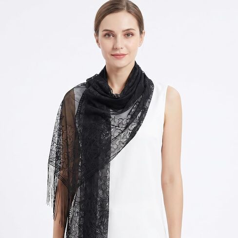 Sucrain Lace Floral Shawls and Wraps Elegant Soft Scarf Sheer Mesh Shawls Wraps for Women Evening Dresses Wedding Party in Kuwait