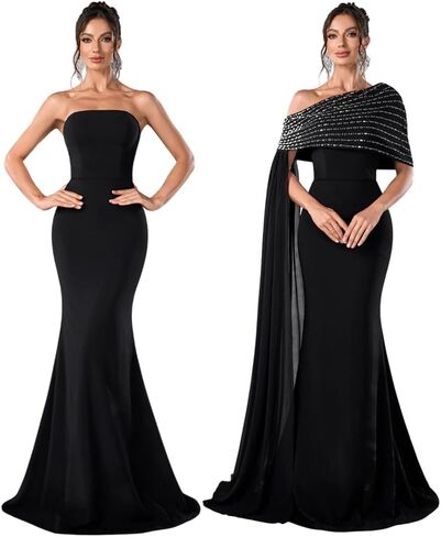 Women's 2 Piece Strapless Maxi Prom Dress Sparkly Rhinestone Shawl Formal Evening Gowns in Saudi Arabia
