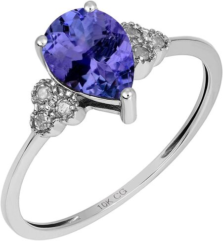 10k White Solid Gold Pear-shape Created Gemstone and Natural Diamond Birthstone Engagement Ring in Saudi Arabia