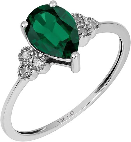 10k White Solid Gold Pear-shape Created Gemstone and Natural Diamond Birthstone Engagement Ring in Saudi Arabia
