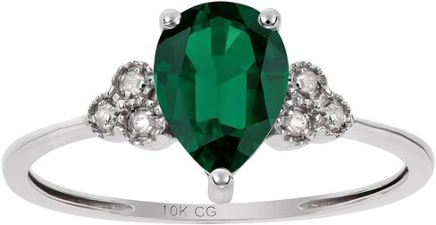 10k White Solid Gold Pear-shape Created Gemstone and Natural Diamond Birthstone Engagement Ring in Saudi Arabia