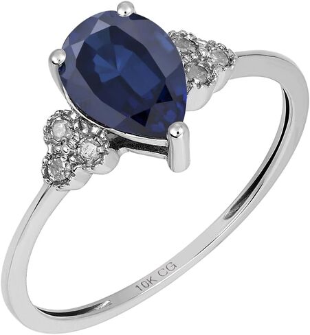 10k White Solid Gold Pear-shape Created Gemstone and Natural Diamond Birthstone Engagement Ring in Saudi Arabia