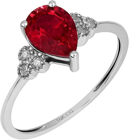10k White Solid Gold Pear-shape Created Gemstone and Natural Diamond Birthstone Engagement Ring in Saudi Arabia