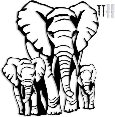 Maoerzai Elephant Family Metal Wall Art, Geometric Elephants Metal Sign, Modern African Metal Wall Decor for Living Room & Home (Black - Elephant Sign-3, 12 x 14 Inch) in Saudi Arabia