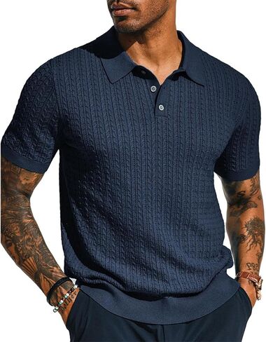 Men's Summer Knit Polo Shirt Short Sleeve Textured Breathable Casual Slim Fit Beach Vacation Top in Kuwait