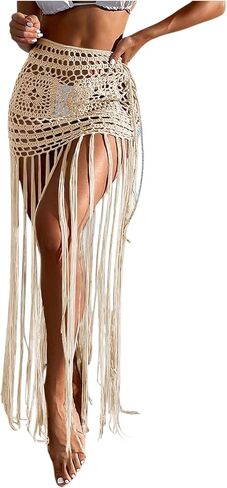 MakeMeChic Women's Crochet Fringe Swimsuit Coverup Skirt Elastic Waist Summer Beach Cover Ups in Kuwait