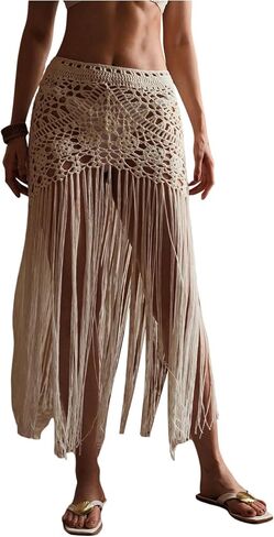 MakeMeChic Women's Crochet Fringe Swimsuit Coverup Skirt Elastic Waist Summer Beach Cover Ups in Kuwait