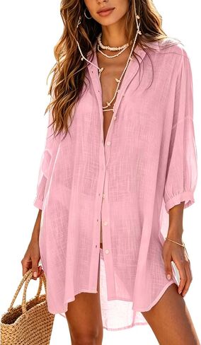Breezy Lane Womens Button Down Swim Coverup Shirt Bathing Suit Cover Ups Beach Vacation Blouse in Saudi Arabia