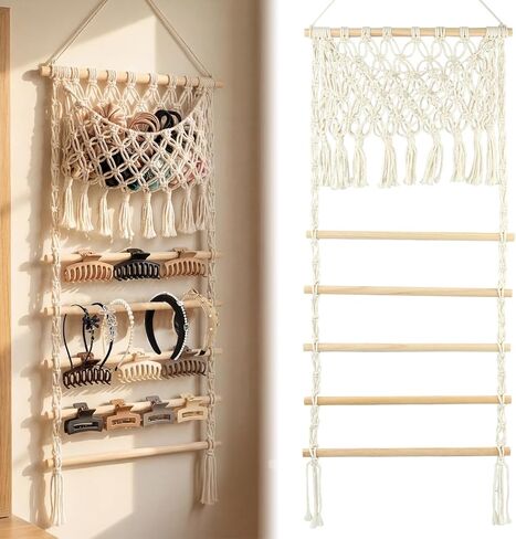 Macrame Hair Claw Clip Organizer, Large Capacity Mesh Holder for Hair Ties & Scrunchies, Hanging Hairs Accessory Storage, Cotton Home Decor with Adhesive Hook for Wall/Door in Saudi Arabia
