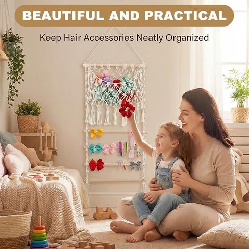 Macrame Hair Claw Clip Organizer, Large Capacity Mesh Holder for Hair Ties & Scrunchies, Hanging Hairs Accessory Storage, Cotton Home Decor with Adhesive Hook for Wall/Door in Saudi Arabia