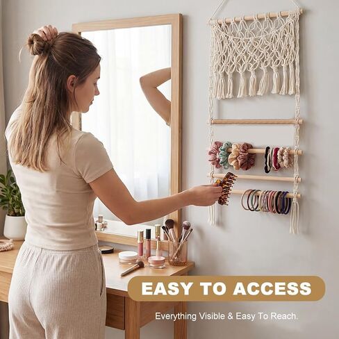 Macrame Hair Claw Clip Organizer, Large Capacity Mesh Holder for Hair Ties & Scrunchies, Hanging Hairs Accessory Storage, Cotton Home Decor with Adhesive Hook for Wall/Door in Saudi Arabia