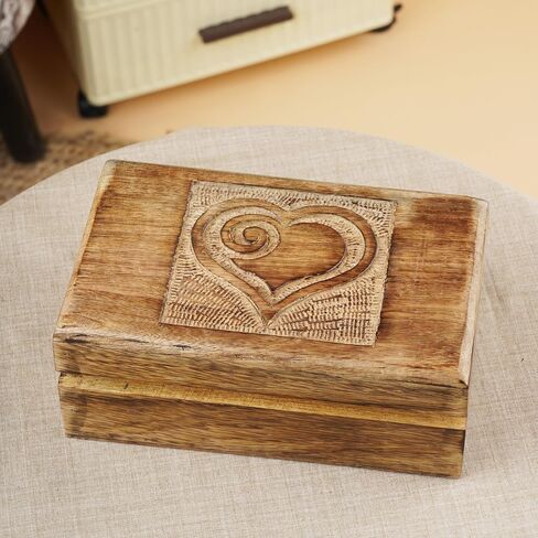 Ajuny Wooden Decorative Jewelry Box with Heart Design Carving - Multipurpose Treasure Chest Storage Keepsake Box Necklaces Watch Organizer Boxes Birthday Gifts for Women & Men 10x6 Inch in Saudi Arabia