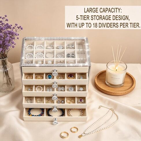 Jewelry Organizer, Large 5-Layer Women's Jewelry Box, Clear Acrylic Display & Storage Box with Resin Diamond, Ideal for Earrings, Necklaces, Bracelets & Rings (5-Drawer) in Saudi Arabia